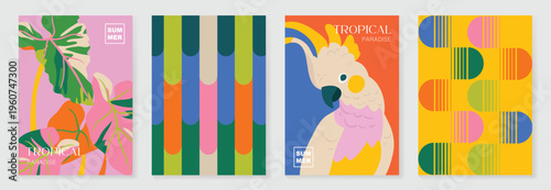 Summer tropical poster set vector. Retro botanical leaves, white cockatoo wall art and geometric abstract patterns in pink, coral, orange and green for home decor prints and tropical backgrounds.