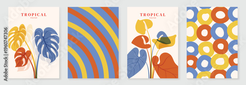 Summer tropical poster set vector. Retro botanical monstera and anthurium leaf wall art with rainbow stripe and circle geometric pattern in blue, yellow, orange and cream for home decor prints.
