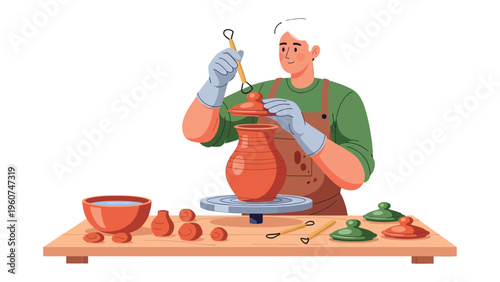 Artisan's Craft: A skilled artisan meticulously works on a pottery piece, showcasing the patience and skill of the craft.