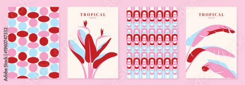 Summer tropical poster set vector. Midcentury modern bird of paradise flower, abstract oval pattern, retro arch geometric background and botanical leaf wall art in pink, red and light blue.