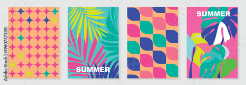 Summer tropical poster set vector. Retro botanical leaf wall art with geometric circle and abstract rounded pattern in pink, peach, teal, blue, lime and turquoise for home decor prints.