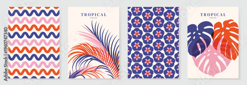 Summer tropical poster set vector. Midcentury modern botanical leaf wall art with abstract block pattern and retro wave geometric background in blue, navy, pink and orange for home decor prints.