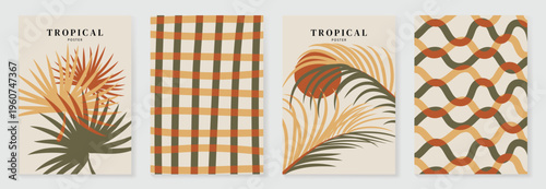 Summer tropical poster set vector. Retro botanical palm leaf wall art with plaid check pattern and wavy geometric background in beige, olive, mustard and burnt orange for home decor prints.