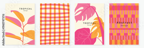 Tropical paradise summer poster set vector. Retro botanical leaf wall art collection with geometric patterns in peach pink orange and green. Decorative background design for home decor posters.