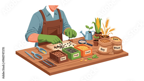 Harvest's Hand: A dedicated individual meticulously examines and prepares various seeds, symbolizing the careful work and promise of agriculture.
