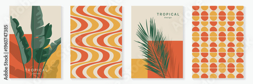 Tropical paradise summer poster set vector. Retro botanical leaf wall art collection with geometric patterns in peach pink orange and green. Decorative background design for home decor posters.