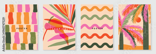 Summer tropical poster set vector. Retro botanical monstera and palm leaf wall art with abstract fan pattern and geometric checker background in coral, pink, green, cream and mustard for home decor.