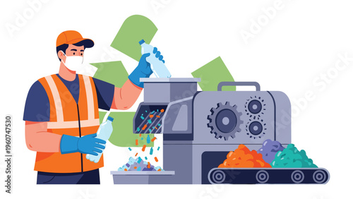 Recycling Revolution: A dedicated worker diligently feeds plastic bottles into a state-of-the-art recycling machine, transforming waste into colorful granules.