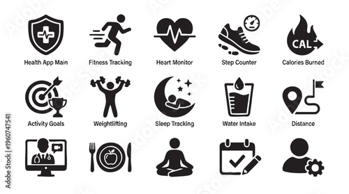 Collection of black silhouette vector icons representing diverse health monitoring activities for fitness applications and digital wellness tracking