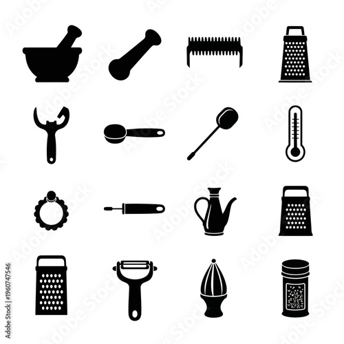 Vector collection of black silhouettes featuring a set of kitchen tools and accessories alongside barber equipment like scissors and combs for salon or garden use