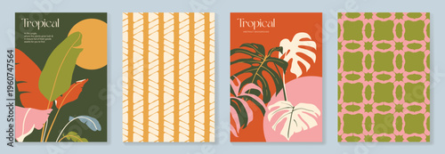 Summer tropical poster set vector. Retro botanical monstera and palm leaf wall art with abstract fan pattern and geometric checker background in coral, pink, green, cream and mustard for home decor.