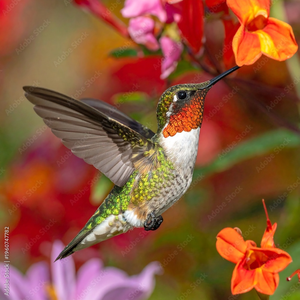Obraz premium A hummingbird hovers near vibrant flowers