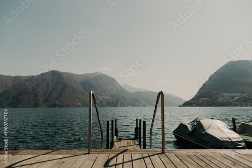 Landscape of Lake Lugano on a sunny spring day from Paradiso municipality of Lugano, canton of Ticino, Switzerland
