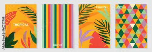 Summer tropical poster set vector. Retro botanical monstera and palm leaf wall art with abstract fan pattern and geometric checker background in coral, pink, green, cream and mustard for home decor.