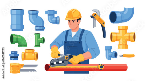 Precision Plumbing: A skilled plumber meticulously works with pipes and tools, surrounded by various plumbing components, emphasizing accuracy and craftsmanship.