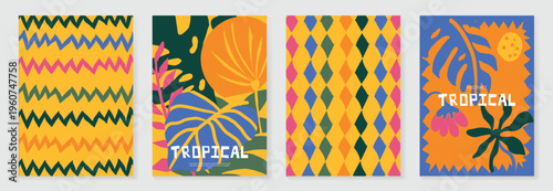 Summer tropical poster set vector. Midcentury modern botanical leaf wall art with zigzag stripe pattern, diamond geometric background and abstract floral design in yellow, blue, pink, orange and green