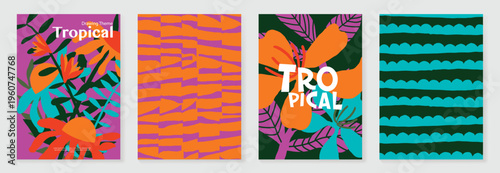 Summer tropical poster set vector. Retro botanical monstera and palm leaf wall art with abstract fan pattern and geometric checker background in coral, pink, green, cream and mustard for home decor.