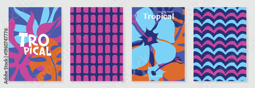 Summer tropical poster set vector. Midcentury modern botanical leaf wall art with abstract block pattern and retro wave geometric background in blue, navy, pink and orange for home decor prints.