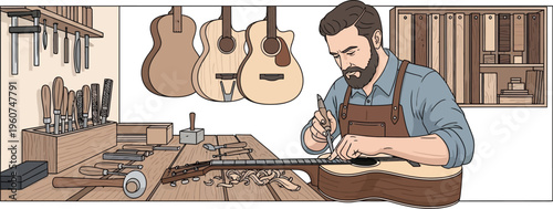guitar maker at work in woodworking shop with tools