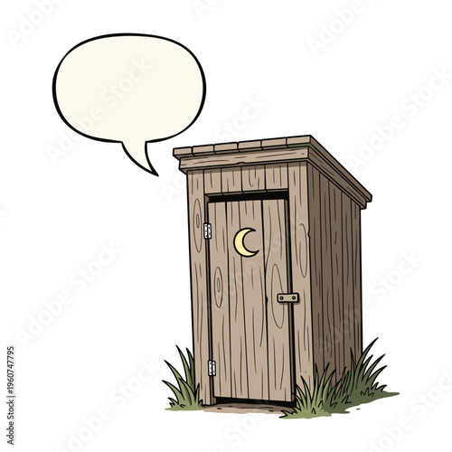 Billede på lærred A cartoon illustration of a rustic wooden outhouse with a crescent moon cutout a