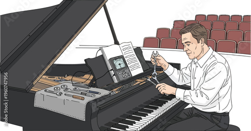 Man repairing a digital piano with tools in a concert hall