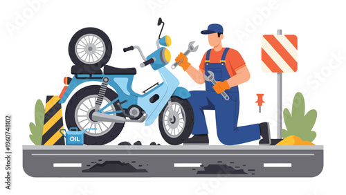 Mechanic Repairing a Motorbike: A skilled mechanic meticulously repairs a vintage motorbike, showcasing expertise and dedication in his work.