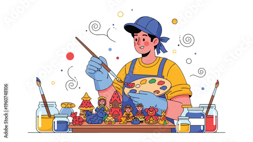 Artisan's Artistic Endeavor: A focused artisan, adorned in work attire, delicately employs brush and palette to bring vibrant hues to their charming craft
