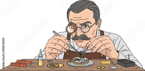 Watchmaker at work with magnifying glass and tools on wooden desk