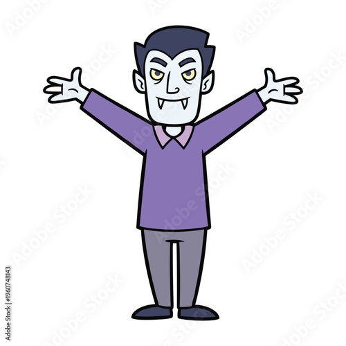 A cartoon illustration of a vampire with pale skin, fangs, and dark hair, standing with his arms outstretched