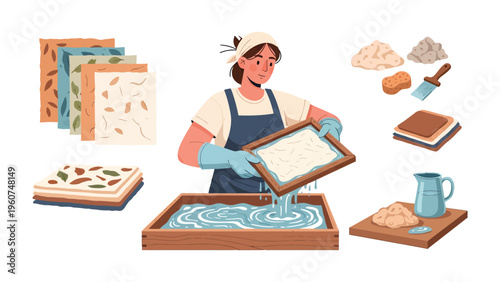 Crafting with Passion: An artisan meticulously creates handmade paper in a workshop setting, showcasing the artistry of traditional papermaking and the beauty of handcrafted goods.