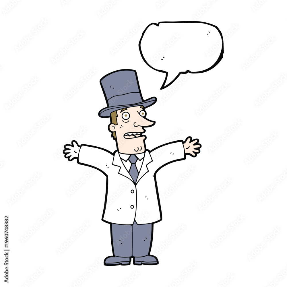 Fototapeta premium A cartoon drawing of a man in a top hat with a speech bubble above his head