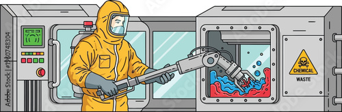 man in hazmat suit handling robotic arm with chemical waste