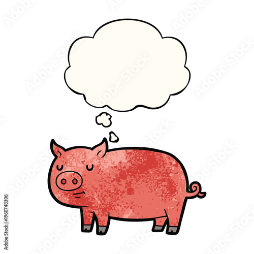 A cartoon pig with a thought bubble above its head, rendered in a textured, distressed style