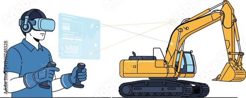 man wearing VR headset controls excavator with controllers