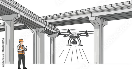 Man operating drone under highway bridge with remote control