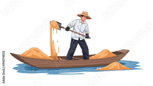 Harvesting on the Water: A diligent worker, adorned with a straw hat and using a shovel, is meticulously loading a boat with a bountiful harvest.