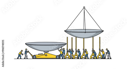 Workers moving large industrial bowls on construction site