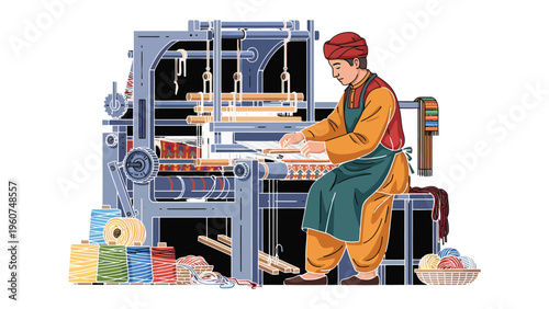 Artisan at Work: An artisan, wearing traditional attire, meticulously operates a weaving loom, crafting intricate textiles with skillful precision and dedication.