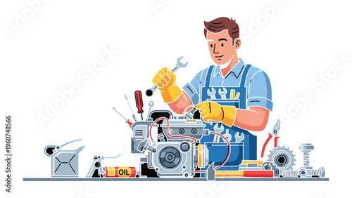Mechanic at Work: A skilled mechanic meticulously repairs machinery with precision and expertise, surrounded by his essential tools and equipment, embodying dedication and the pursuit of perfection.