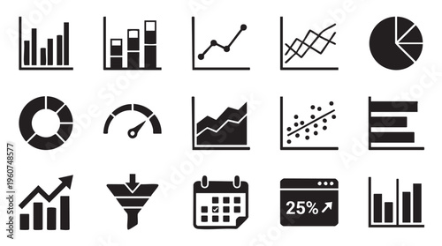 A collection of crisp black and white vector graphic icons representing various statistical charts reports financial progress indicators and data visualization tools
