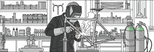Man welding bicycle frame in workshop with tools and equipment