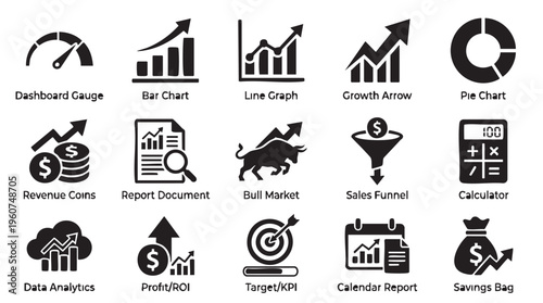 Collection of essential business finance and analytical icons featuring growth charts bull market data funnel and various performance indicators