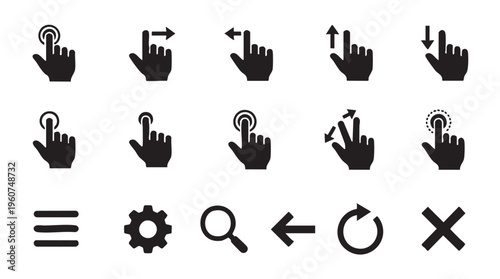 A comprehensive black vector graphic illustration set displaying essential touch screen gestures and universal user interface navigation icons for mobile applications
