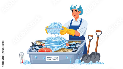 Preserving the Catch: A diligent worker in the fish processing industry carefully adds ice to fresh seafood, ensuring optimal preservation and freshness, highlighting the care and expertise required.