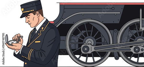 Train Conductor Checking Pocket Watch Next to Locomotive