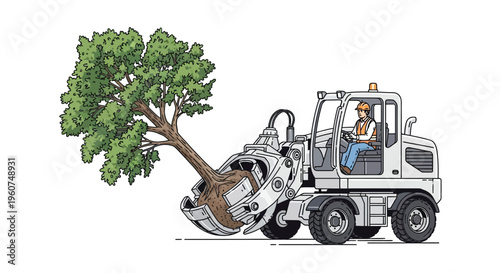 Tree removal with heavy machinery by worker in hard hat