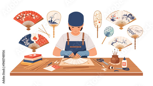 Artisan Crafting Exquisite Hand Fans: An artisan meticulously crafts exquisite hand fans, showcasing a fusion of tradition and artistry. The scene highlights the dedication, meticulousness.