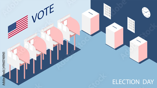 Isometric interior of a polling station with booths and ballot boxes. Cartoon 3D vector on blue background