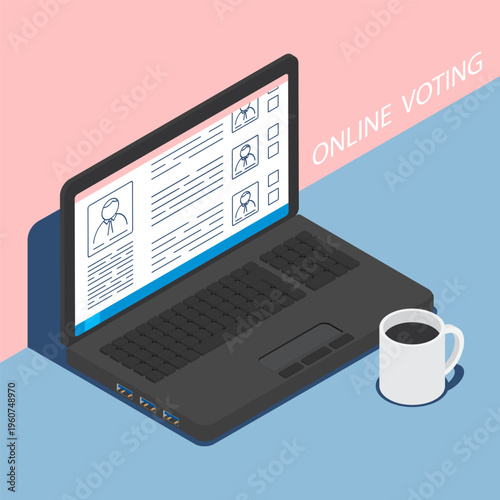 Isometric laptop with an open online voting site with detailed candidate data in the election race. Cartoon 3D vector on blue background