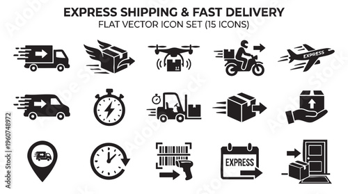 Collection of fifteen essential black flat vector icons representing various fast shipping logistics transportation modes and delivery service concepts clearly designed for modern applications.